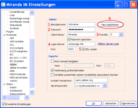 Folgende Daten eintragen, um Dich bei einem Jabber Server zu registrieren