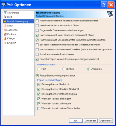 Psi: Optionen: Nachrichteneingang