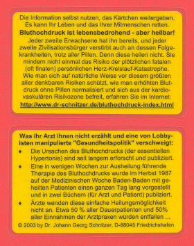 Bluthochdruck ist lebensbedrohend - aber heilbar! Anklicken fhrt zu Informationen, die es erlauben, sich vor Bluthochdruck und dessen Folgerisiken zu schtzen - und erhhten Blutdruck ohne Pillen zu normalisieren.